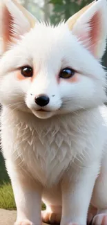 Adorable white fox with fluffy fur in a garden setting, perfect for mobile wallpaper.