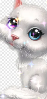 Adorable white kitten with blue eyes and pink ears on a transparent background.