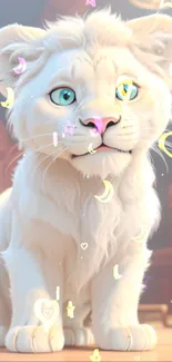 Adorable white lion cub sitting with bright blue eyes and a soft, fluffy coat.