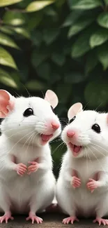 Two white mice sitting together amidst green leaves.