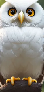 Adorable white owl with yellow eyes sitting on a branch with green background.