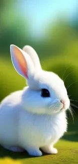 Fluffy white rabbit in green meadow mobile wallpaper