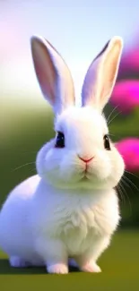 Cute white rabbit with pink flowers background.