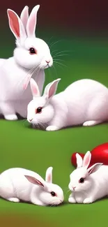 Adorable white rabbits on lush green field wallpaper.