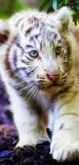 Adorable white tiger cub with blue eyes on a lush green background.