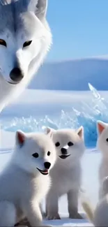 Adorable white wolves family in the snow.