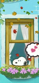 Cartoon character by window with flowers and thought bubble.