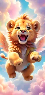 A winged lion cub flying through colorful clouds.