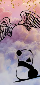 Cute panda with wings and pink cloud background.