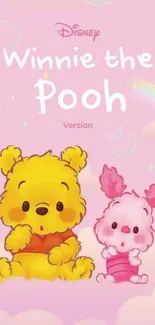 Cute Winnie the Pooh and Piglet on pink wallpaper.