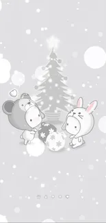 Cute Christmas bear and bunny with snowflakes wallpaper.