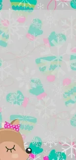 Cute reindeer with snowflakes and mittens on a winter-themed wallpaper.