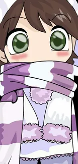 Anime character in winter clothing, purple and white.