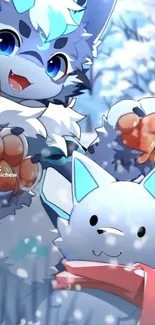 Adorable anime creatures in a snowy landscape.