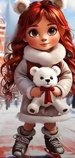 Anime girl with teddy bear in winter cityscape.