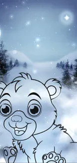 Playful bear sketch in snowy forest under a night sky.