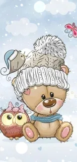 Cute bear and owl with winter hat, cartoon style.