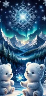 Two adorable bears in a snowy aurora landscape.