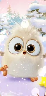 Cute fluffy bird in snowy winter scene wallpaper.