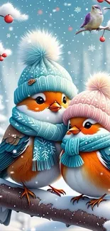 Cute winter birds in hats and scarves amid snowy backdrop.