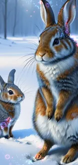 Two adorable rabbits in a snowy winter forest.