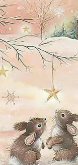 Winter scene with bunnies and stars.