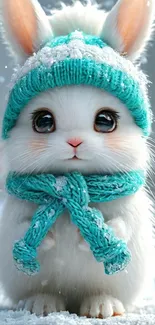 Cute bunny in teal hat and scarf during winter.