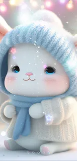 Adorable white bunny in a cozy blue hat and scarf with festive lights.