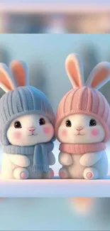 Two adorable bunnies in winter hats against a soft blue background.