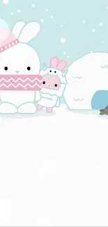 Cute pastel bunny and penguin with igloo in winter scene.