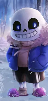 Cute cartoon skeleton in blue coat with winter snow background.