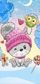 Cute winter cartoon wallpaper with pink hat rabbit.