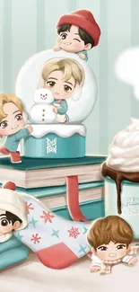 Cute winter-themed cartoon wallpaper with snow globes.