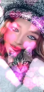 Girl with a cute cat and pink heart effects on a snowy background.