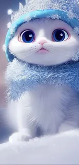 Cute white cat in blue winter scarf with snowflakes.