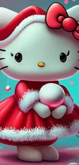 Festive cat in red dress with winter theme.