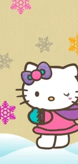 Adorable cartoon cat in winter theme with colorful snowflakes.