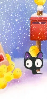 Cute cat with snowy winter scene and colorful cartoon art.