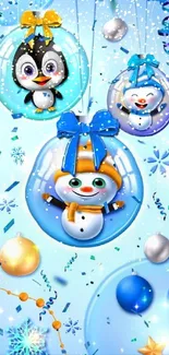 Cute penguin and snowman in festive baubles on a sky blue background.