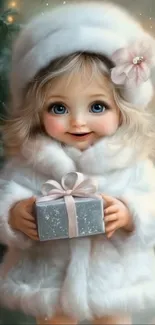 A cute child in white winter coat holding a present with a festive background.