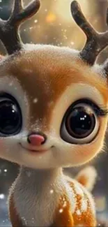 Adorable cartoon deer in snowy forest wallpaper.