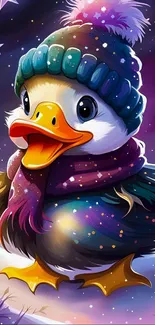 Cute cartoon duckling in winter hat and scarf with snowflakes background.
