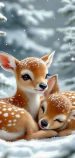 Adorable fawns resting peacefully in a snowy forest.