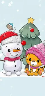 Snowman and tiger cub winter wallpaper with Christmas tree.