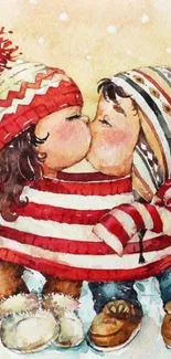 Watercolor of two children in cozy winter clothes sharing a kiss.