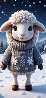 Cute lamb in a cozy winter sweater with snowflakes falling around.