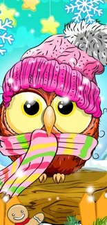 Cute winter owl with hat and scarf in snowy background.