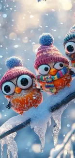 Adorable cartoon owls perched on icy branch in winter scenery.