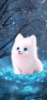 Cute white puppy sits in a snowy, blue-lit forest.