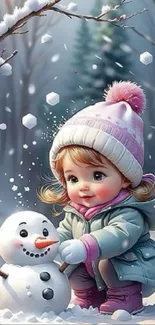 A cute child building a snowman in a winter wonderland scene.